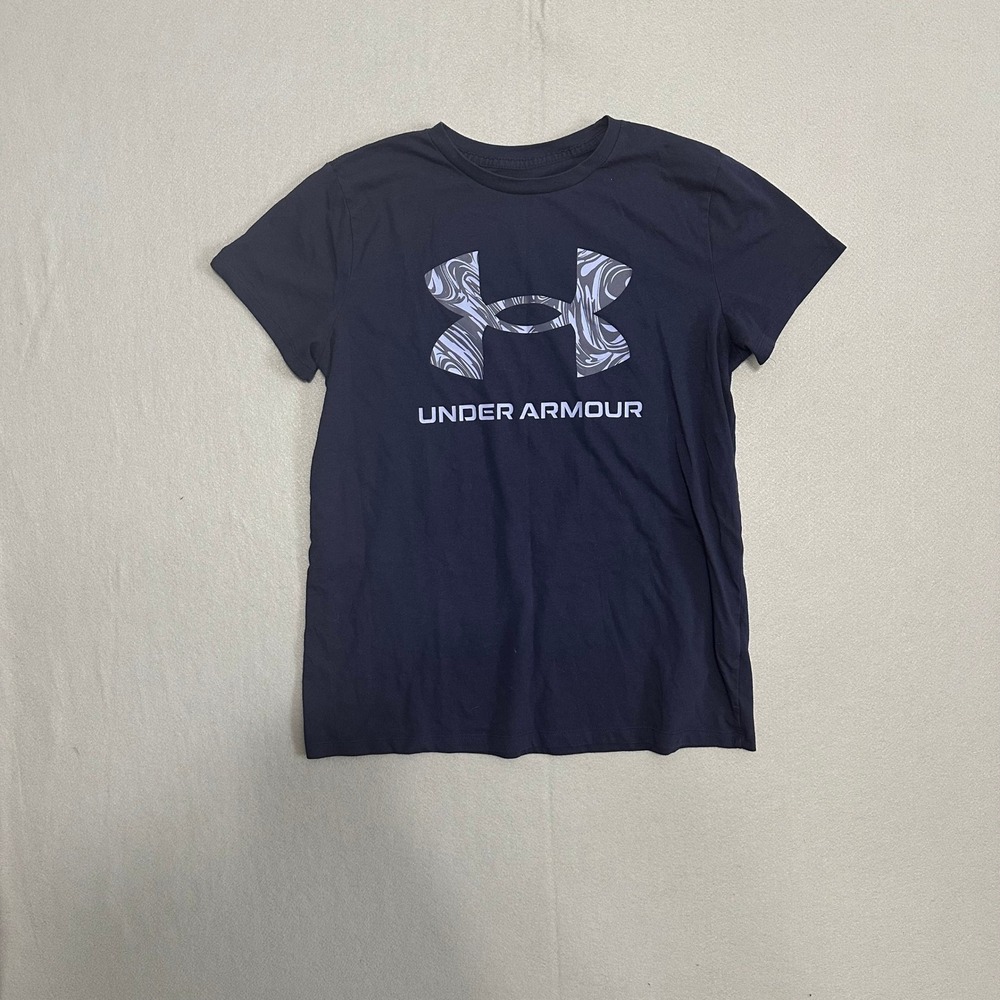Under Armour Womens Graphic T-Shirt Navy Blue Marble‎ Logo Loose Fit Size Large